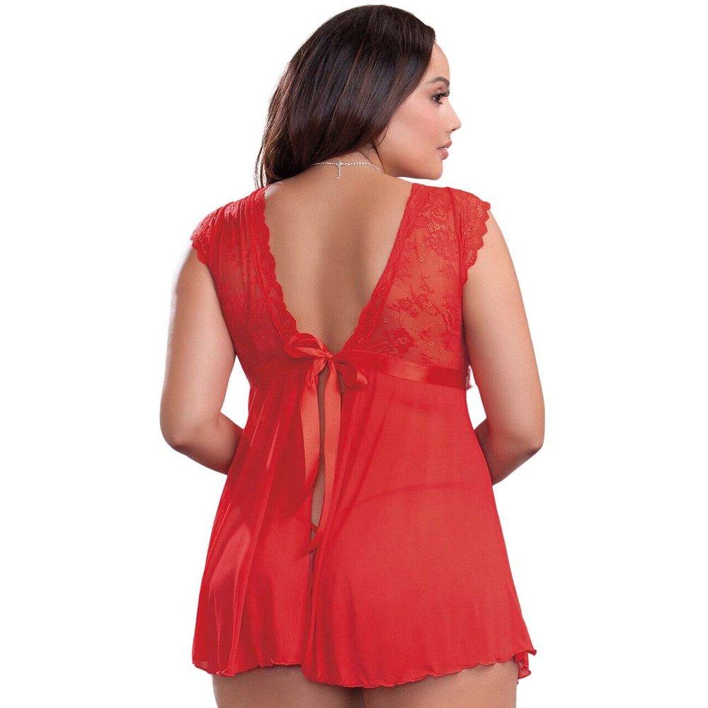 Plus Size 2X Black Babydoll Cap Sleeve Lace Open Bow Back Lingerie -8199 - Picture 5 of 9